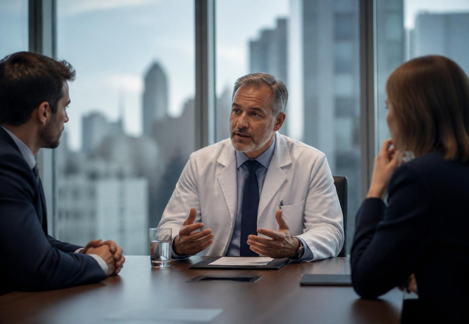 Physician meeting with healthcare startup executives around a conference table with the Boston skyline visible through glass windows